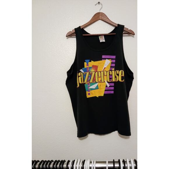 Vintage 80's JAZZERCISE Black Tank Top Shirt XL Dance Fitness Exercise RARE - Picture 1 of 4